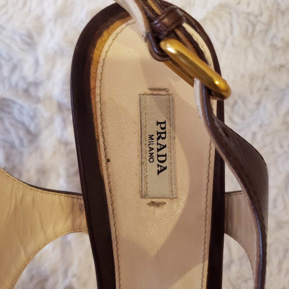 PRADA Brown Leather Criss Cross Peep Toe Slingback - Picture 9 of 11